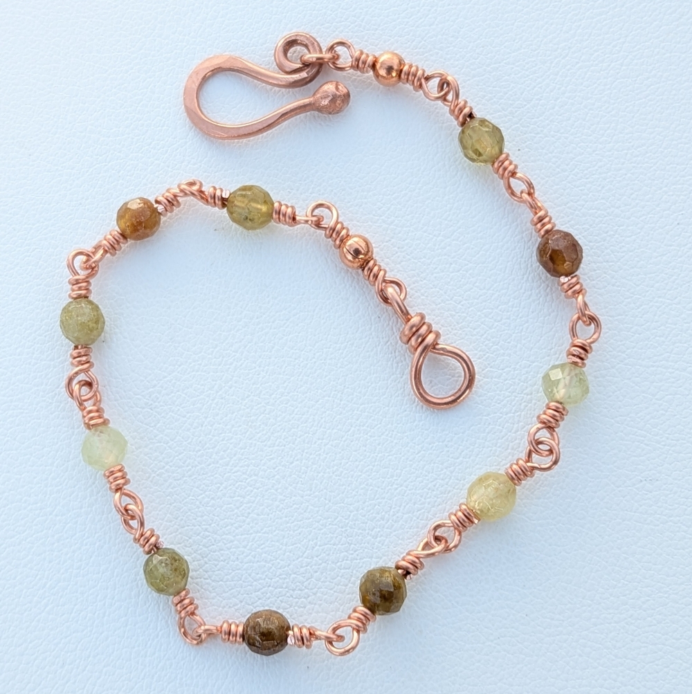 Copper Chain Bracelet-Natural Green Garnet Gems -Artisan Crafted-Feminine Style
